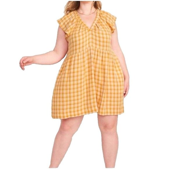 Old Navy Dress Womens Size 2x Yellow Plaid Babydoll V Neck Gauze Cottagecore Nwt - Picture 1 of 9